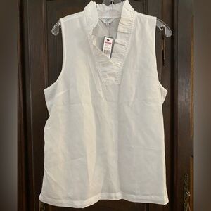 Crown & Ivy classic woven white sleeveless top w ruffled v neck collar XL NWT